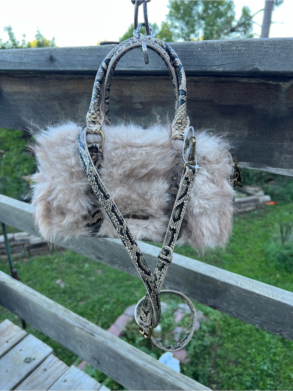 Steve Madden Beige Faux Fur Mini Satchel with Snake-Print Straps and Bottom